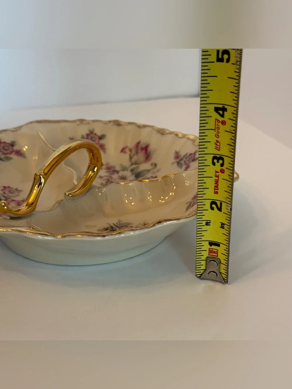 Antique 22k Gold Trim Divided Floral Relish Serving Dish Bowl with Handle